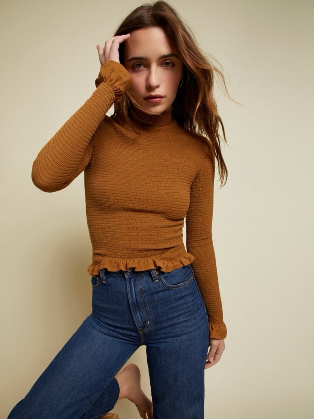 Nation LTD Ribbed Ruffle-Hem Cocoa Emmy Smocked Long Sleeve